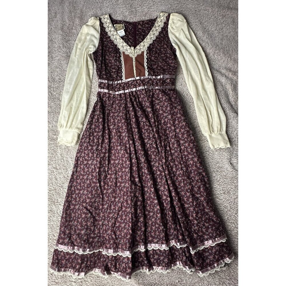 Gunne Sax by Jessica RARE 1970s Vintage Dress Burgundy Calico Midi Dress Size 9 - Picture 5 of 16
